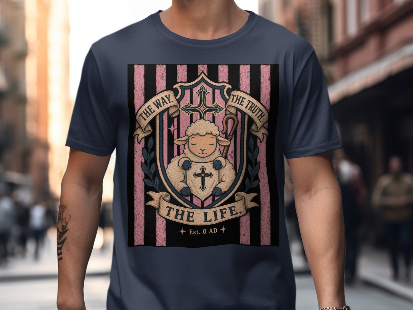 T-shirt with sheep graphic, crosses, and text "The Way, The Truth, The Life. Est. 0 AD."