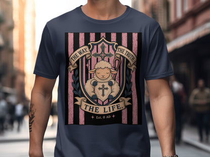 T-shirt with sheep graphic, crosses, and text "The Way, The Truth, The Life. Est. 0 AD."
