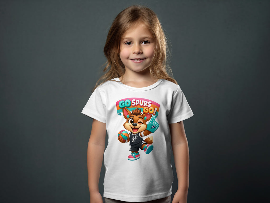 White t-shirt with cartoon fox holding basketball and foam finger, text "GO SPURS GO!".
