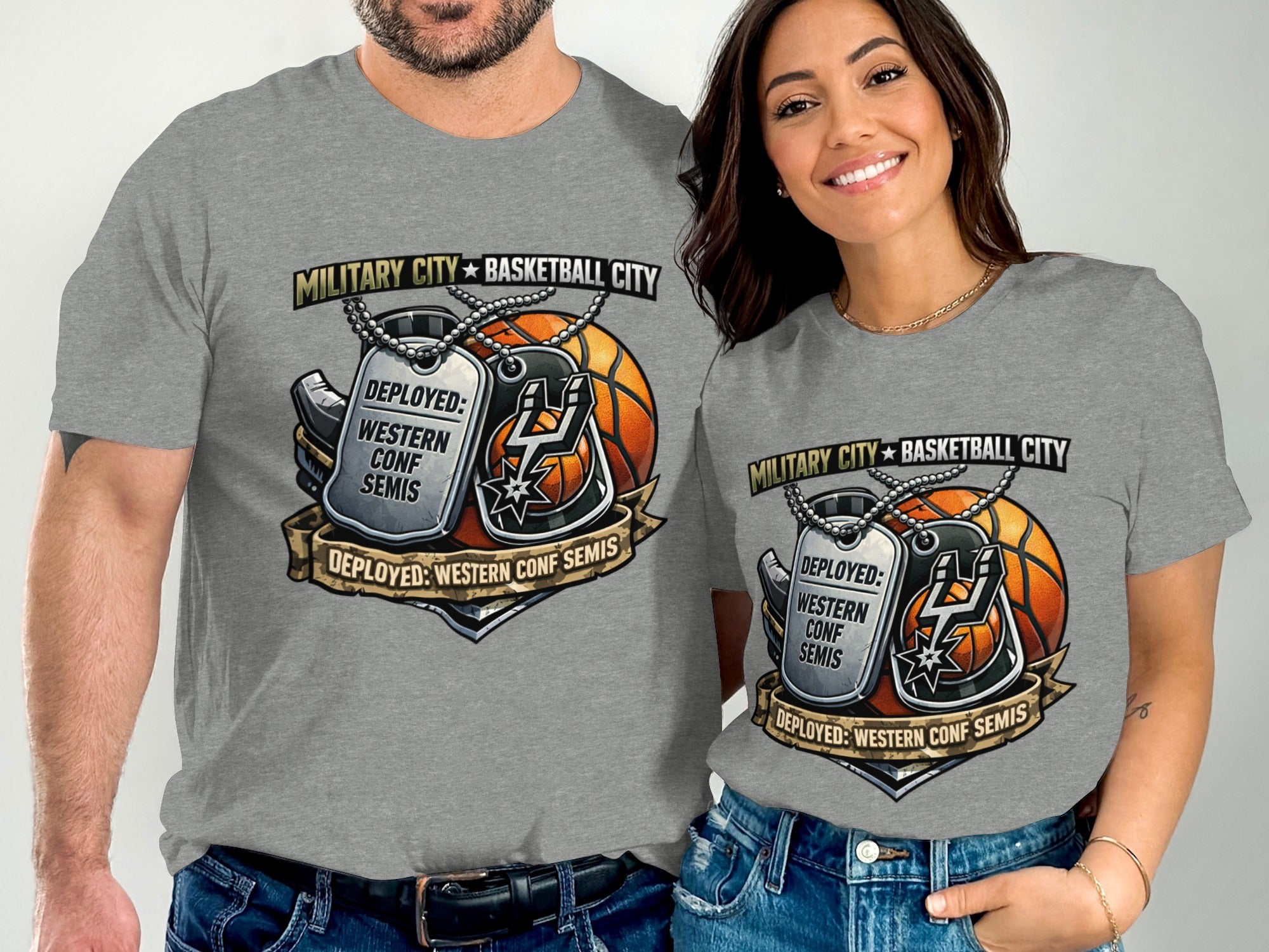 Grey t-shirts with "Military City Basketball City" and dog tags.