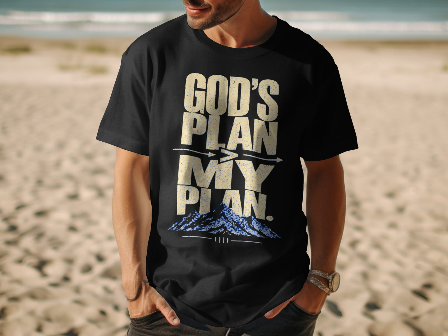 Black t-shirt with "GOD'S PLAN MY PLAN" text and mountain graphic.