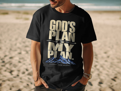 Black t-shirt with "GOD'S PLAN MY PLAN" text and mountain graphic.