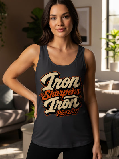 Dark grey tank top with "Iron Sharpens Iron Prov 27:17" text.