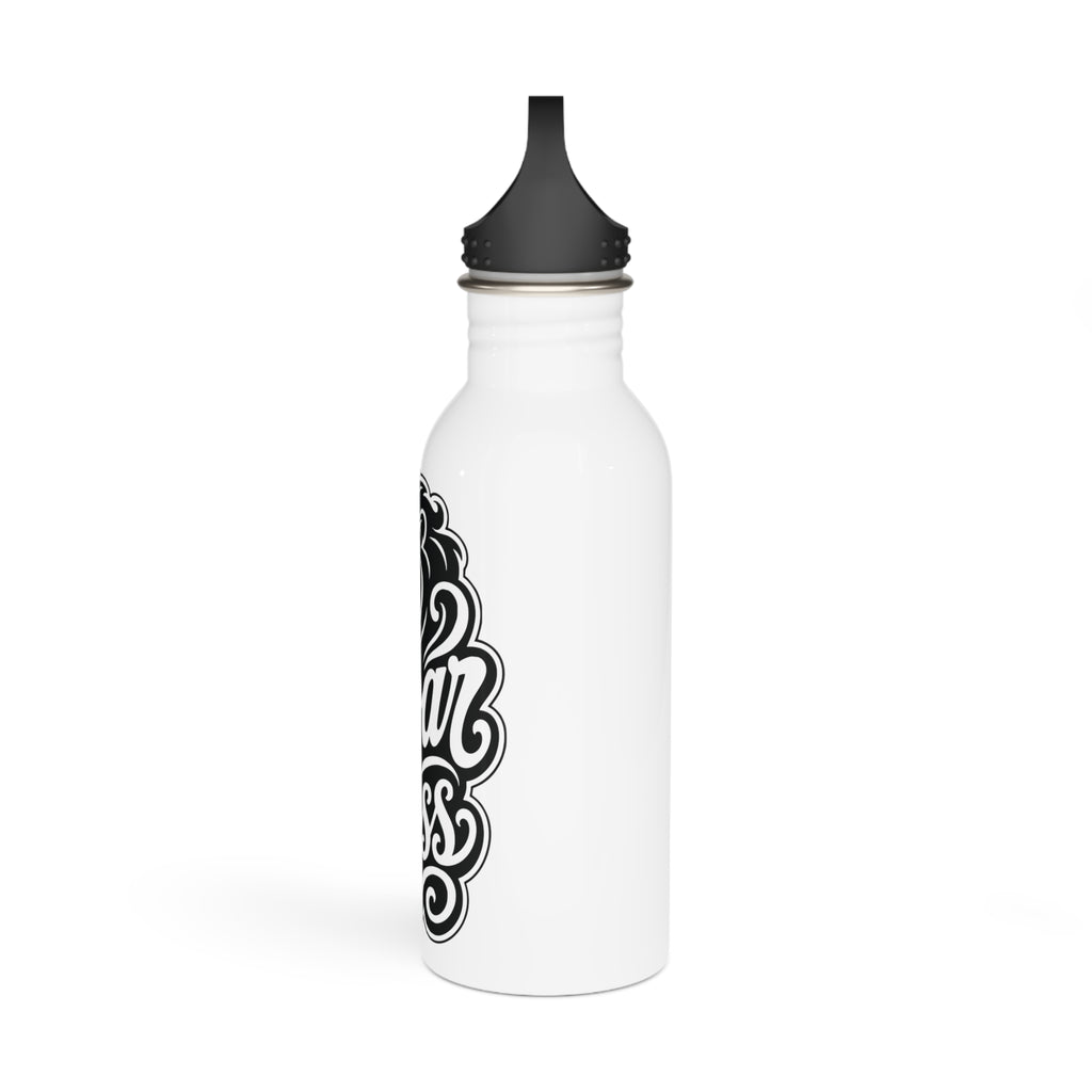 White water bottle with black ornate text on its side and a black cap.