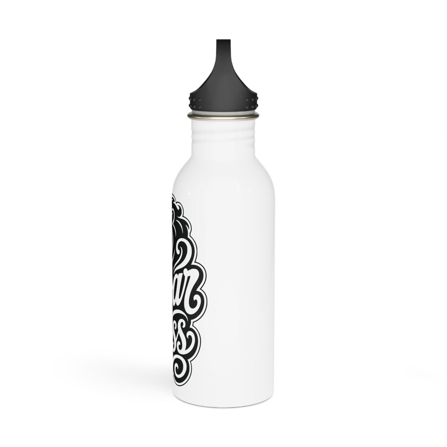 White water bottle with black ornate text on its side and a black cap.
