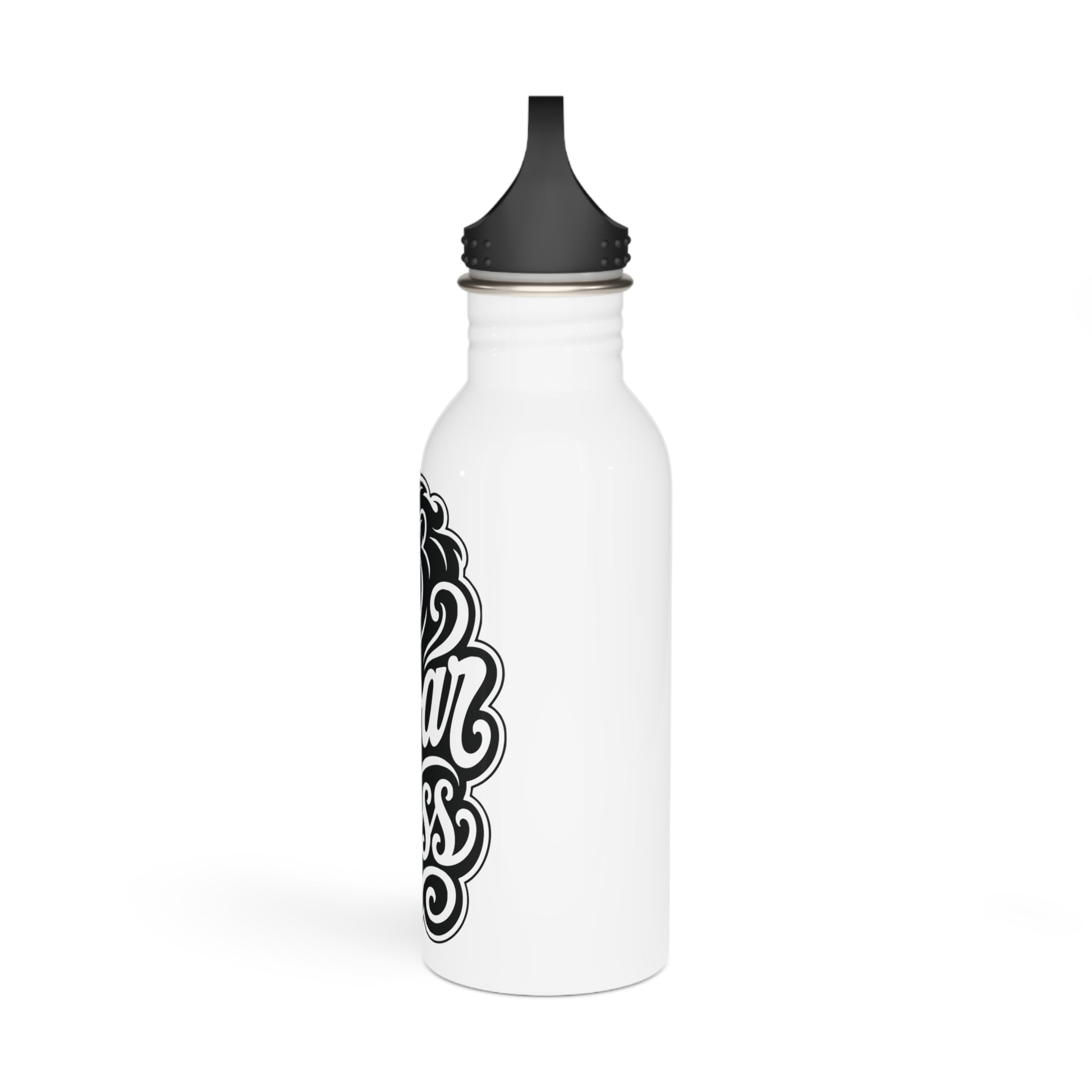 White water bottle with black ornate text on its side and a black cap.