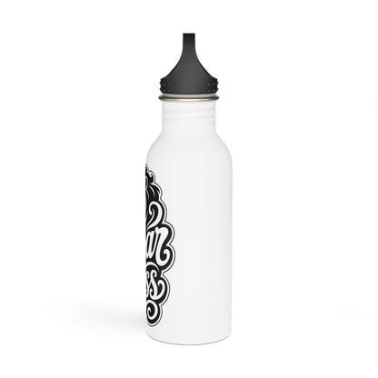 White water bottle with black ornate text on its side and a black cap.
