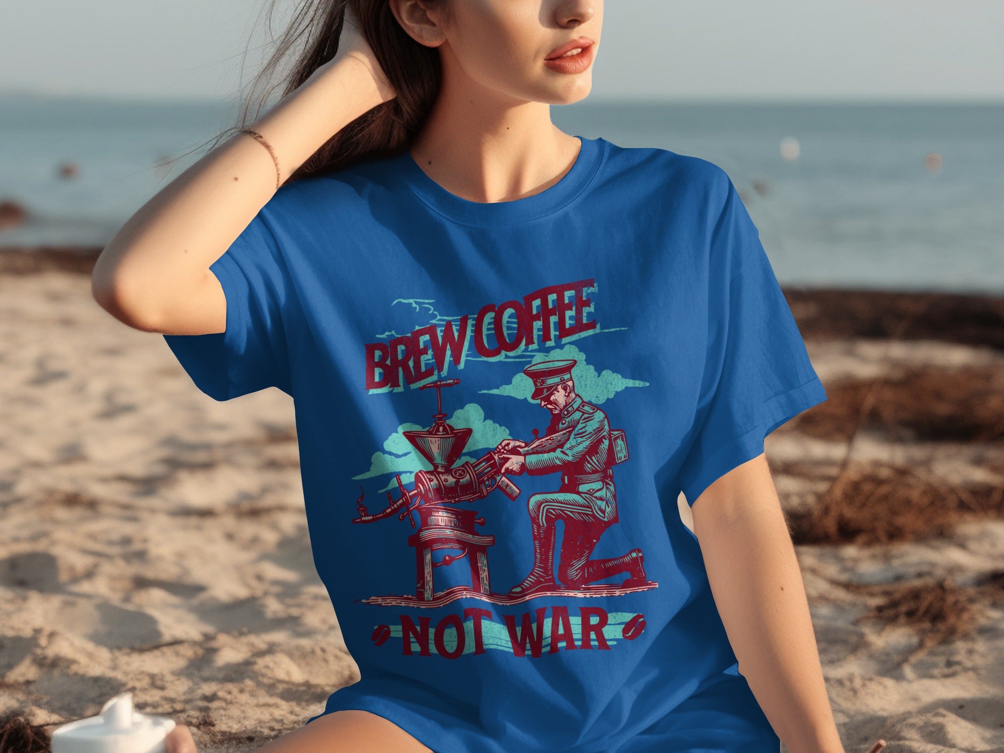 T-shirt graphic with soldier operating coffee grinder, saying "Brew Coffee Not War".