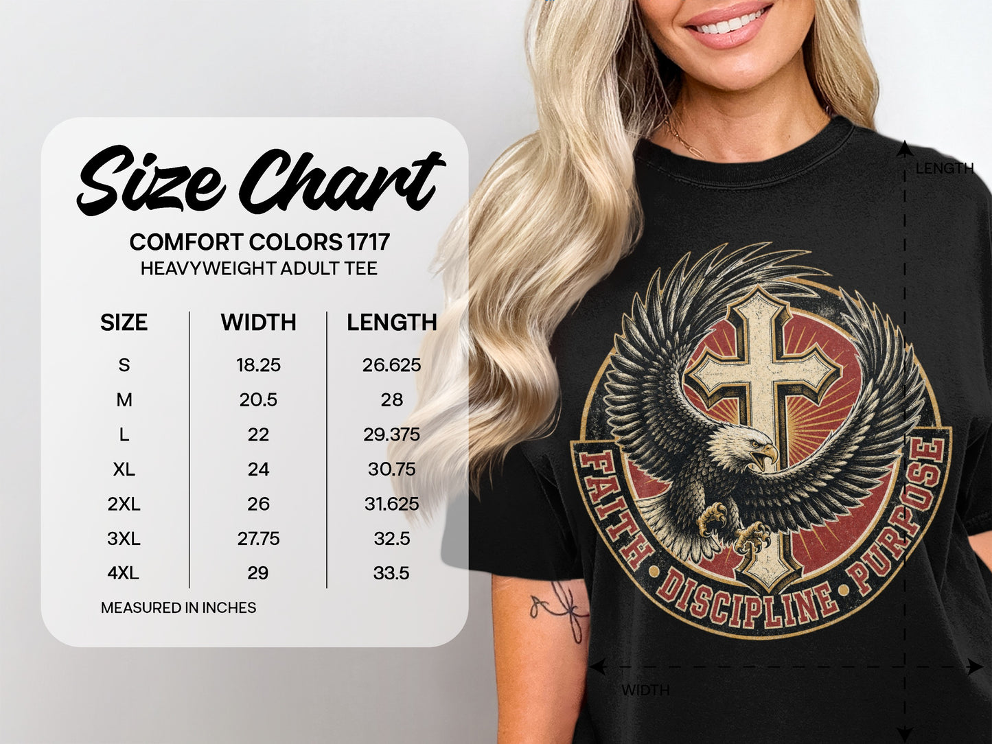 Comfort Colors 1717 heavyweight adult tee size chart with width and length measurements in inches.
