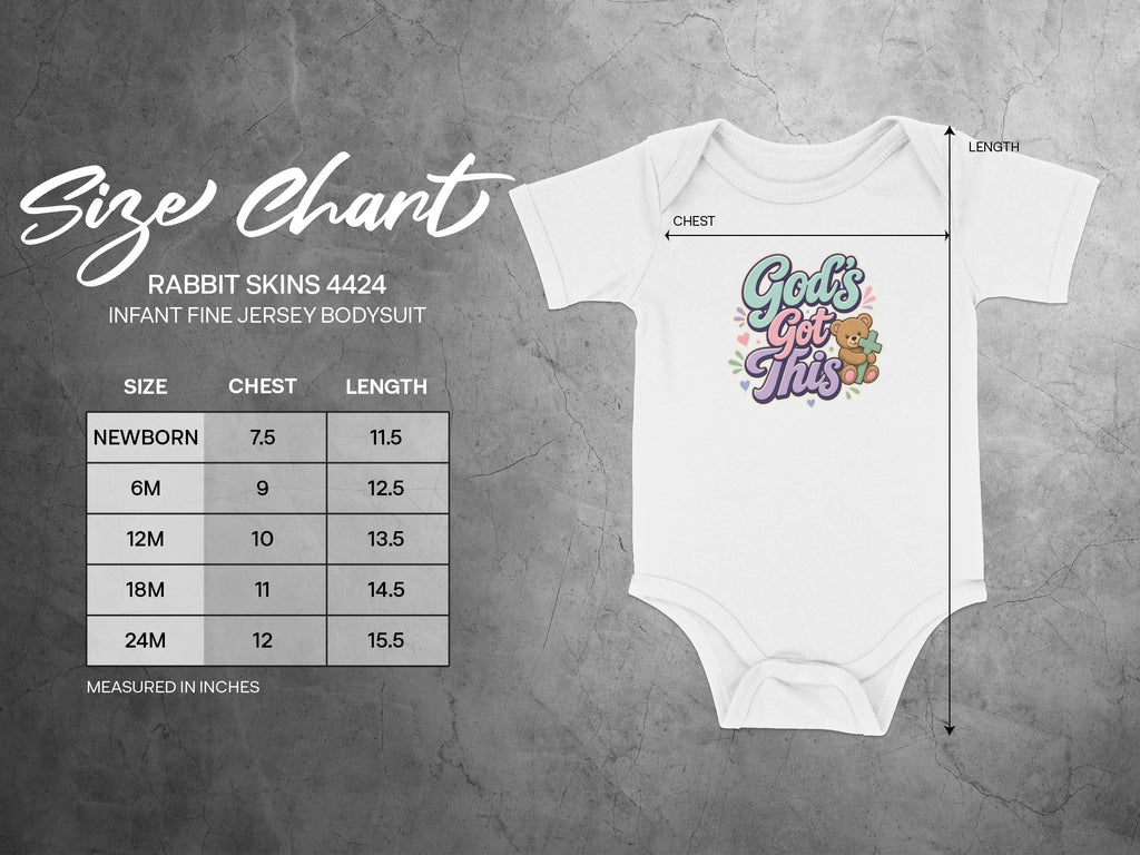 Size chart for Rabbit Skins 4424 infant bodysuit with chest and length measurements.