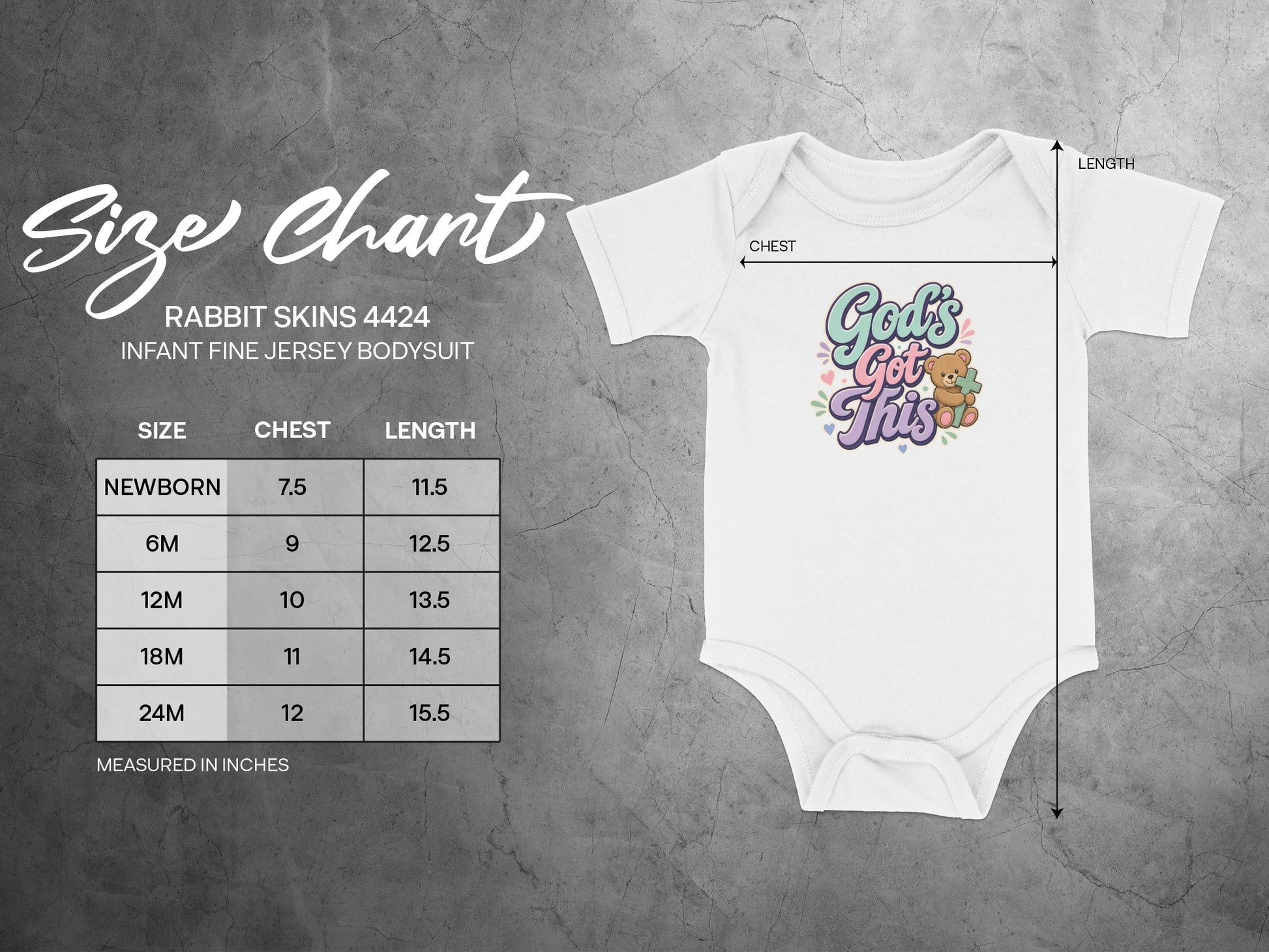 Size chart for Rabbit Skins 4424 infant bodysuit with chest and length measurements.