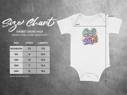 Size chart for Rabbit Skins 4424 infant bodysuit with chest and length measurements.