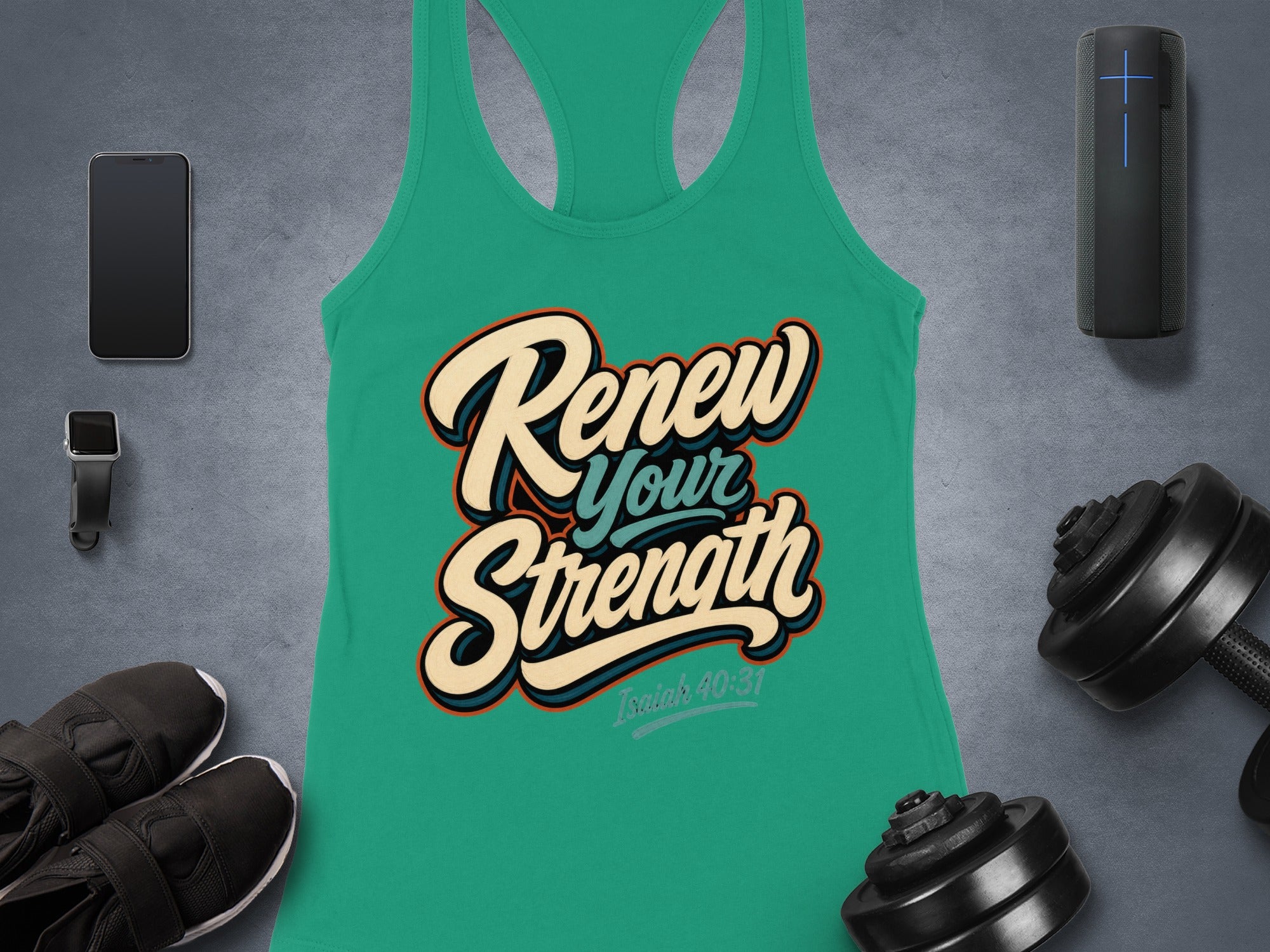 Teal tank top with "Renew Your Strength" text and Isaiah 40:31.