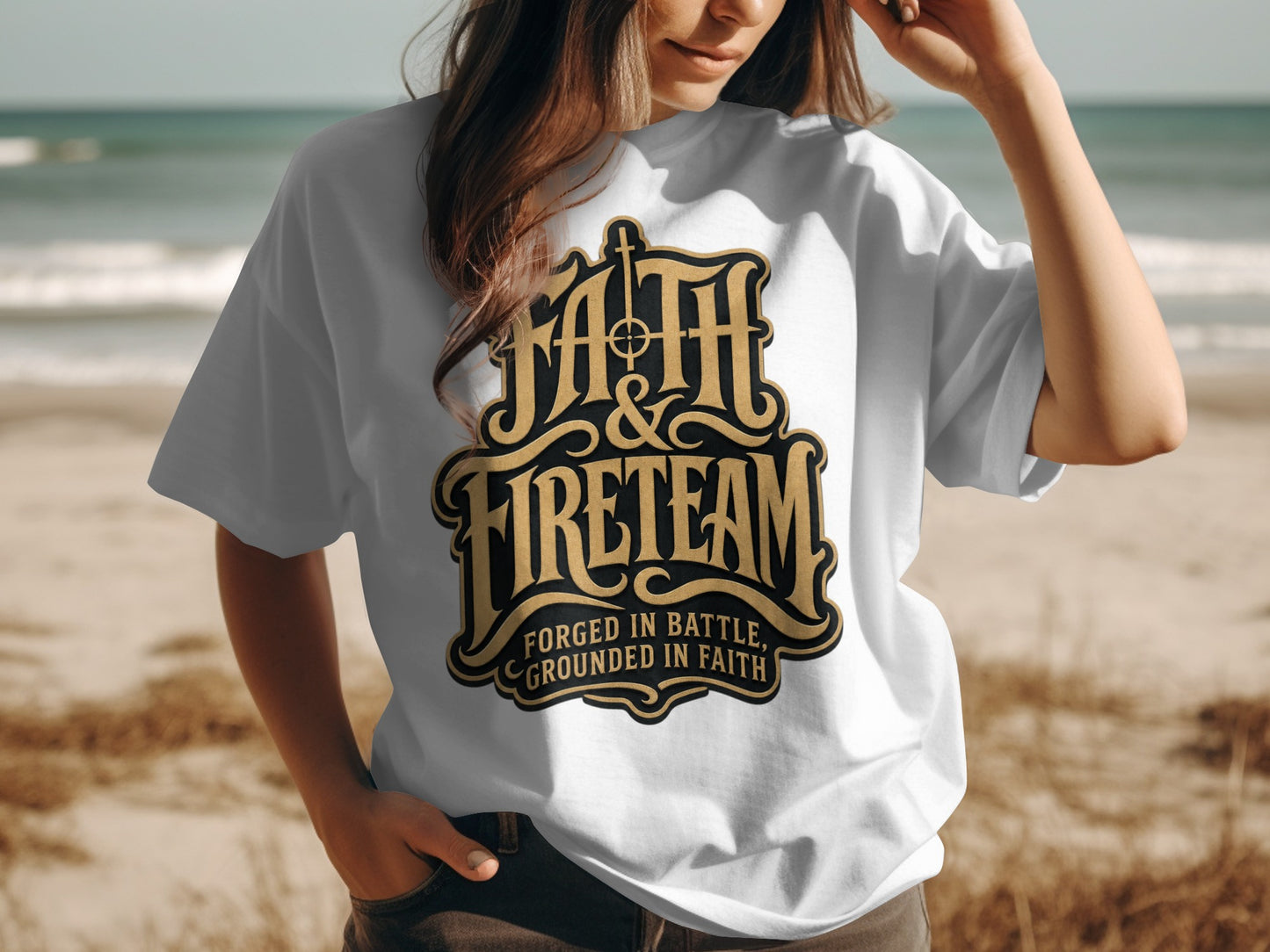 White t-shirt with "FAITH & FIRETEAM FORGED IN BATTLE, GROUNDED IN FAITH" graphic.