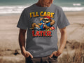 T-shirt graphic with sloth text "I'll Care Later" holding drink and controller.