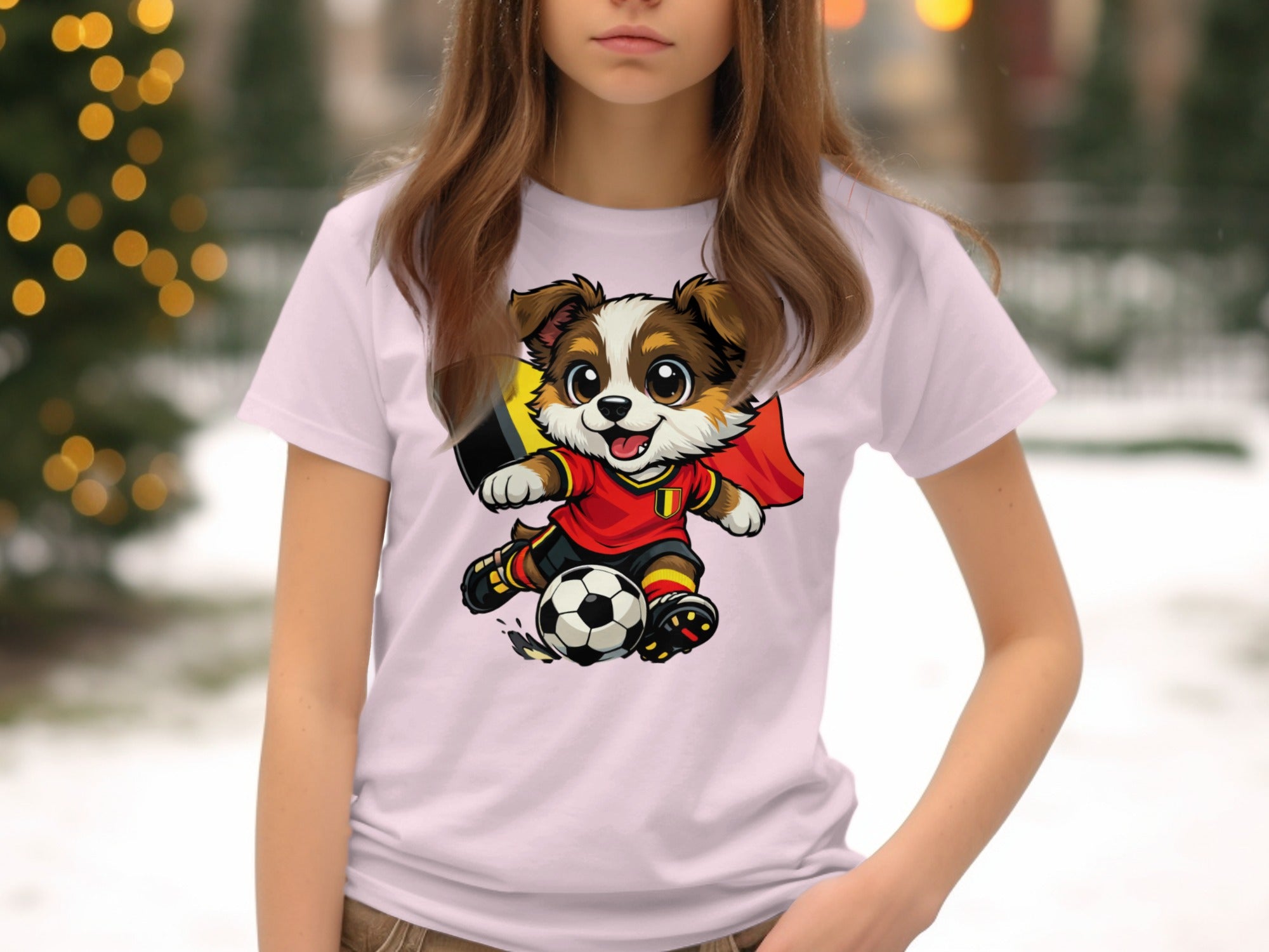 Cartoon dog in soccer uniform with Belgian flag and ball