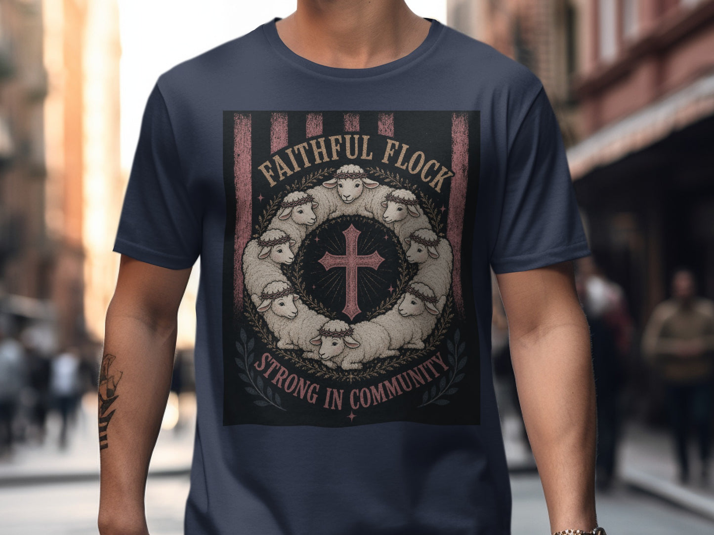 T-shirt with sheep, cross, and text "Faithful Flock Strong in Community".