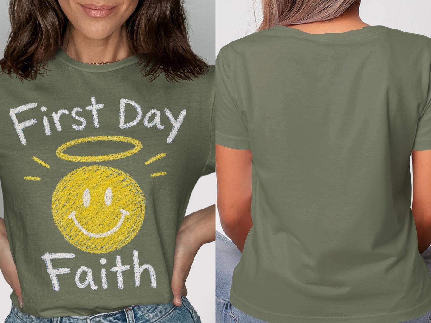 Green t-shirt with "First Day Faith" text and a yellow smiley face with halo.