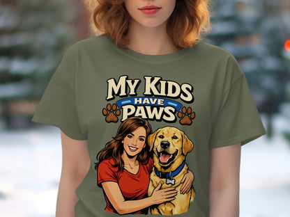 Woman hugging happy golden retriever with text "My Kids Have Paws".
