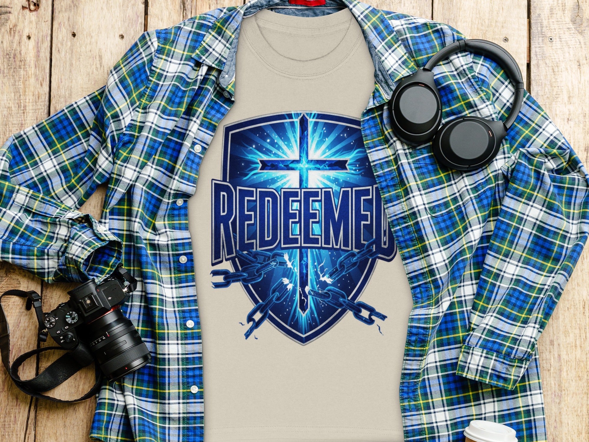 Tan t-shirt with a blue shield design and the word "REDEEMED" and broken chains.
