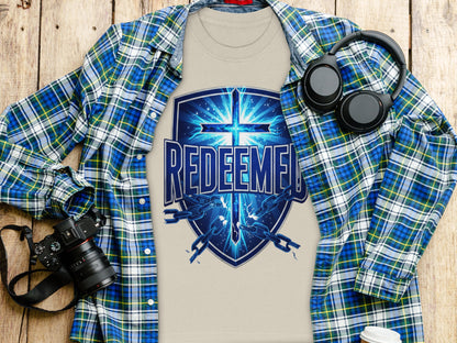 Tan t-shirt with a blue shield design and the word "REDEEMED" and broken chains.