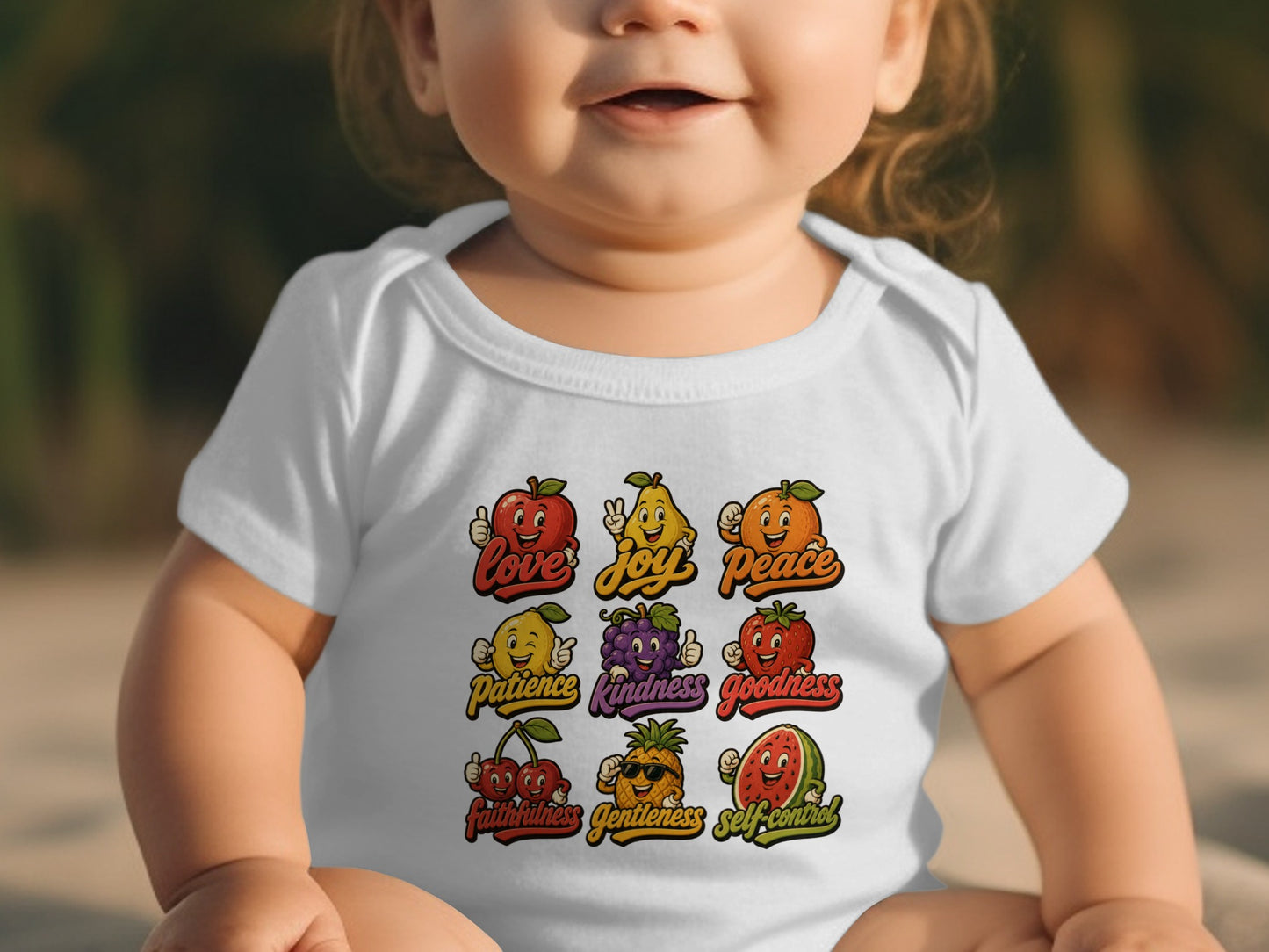 White baby onesie with nine illustrated fruits representing "love, joy, peace, patience, kindness, goodness, faithfulness, gentleness, self-control."