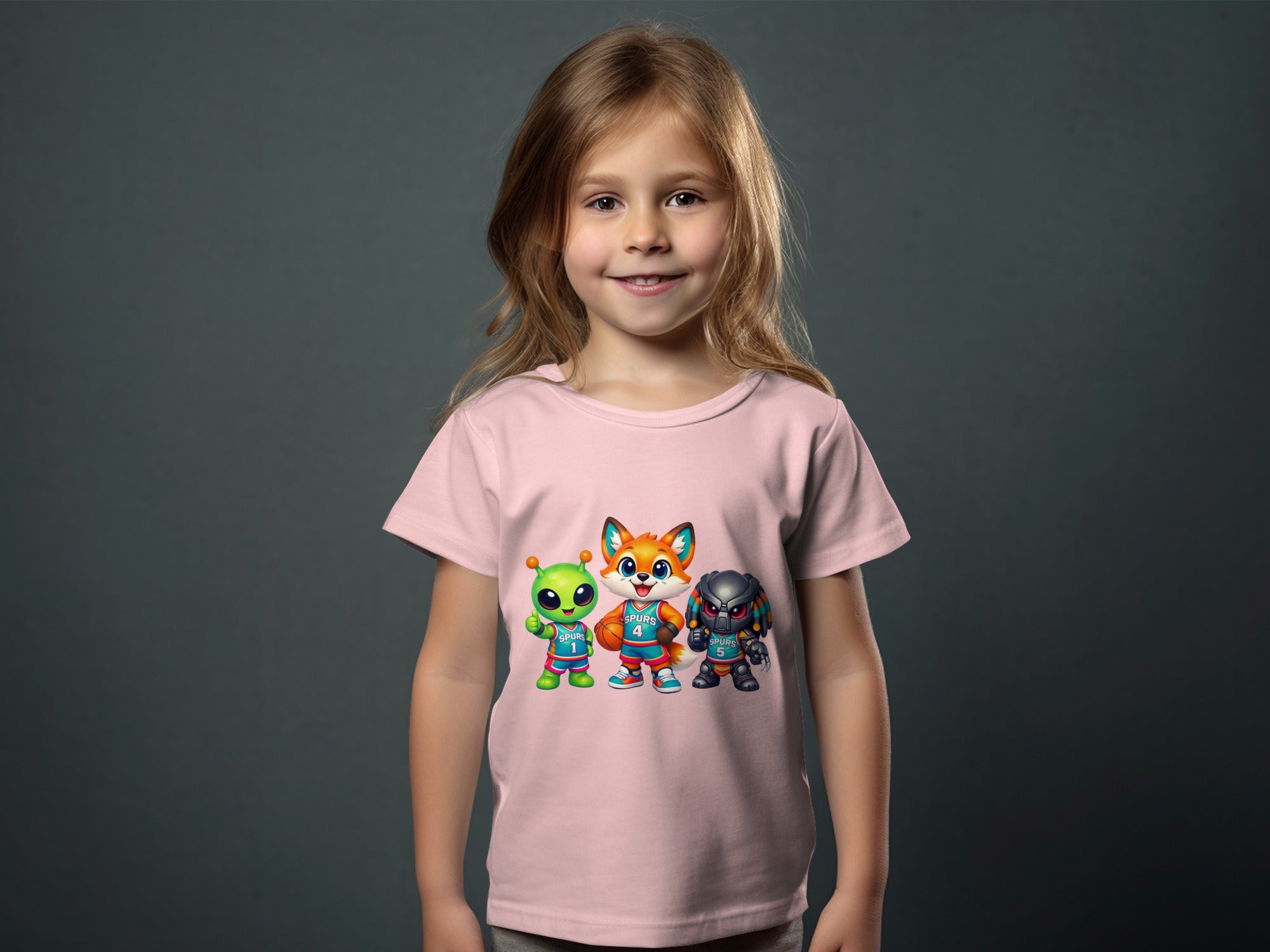 Pink t-shirt with cartoon alien, fox, and robot characters wearing Spurs basketball uniforms.
