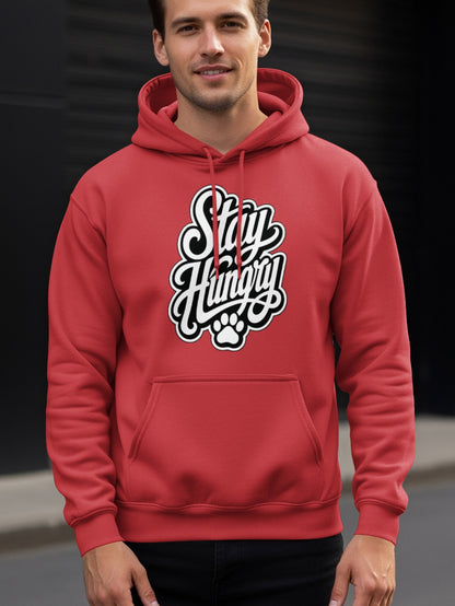Red hoodie on a man with "Stay Hungry" text and a paw print.