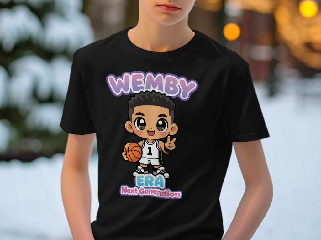 Black t-shirt with cartoon basketball player, "Wemby", "ERA", and "Next Generation" text.