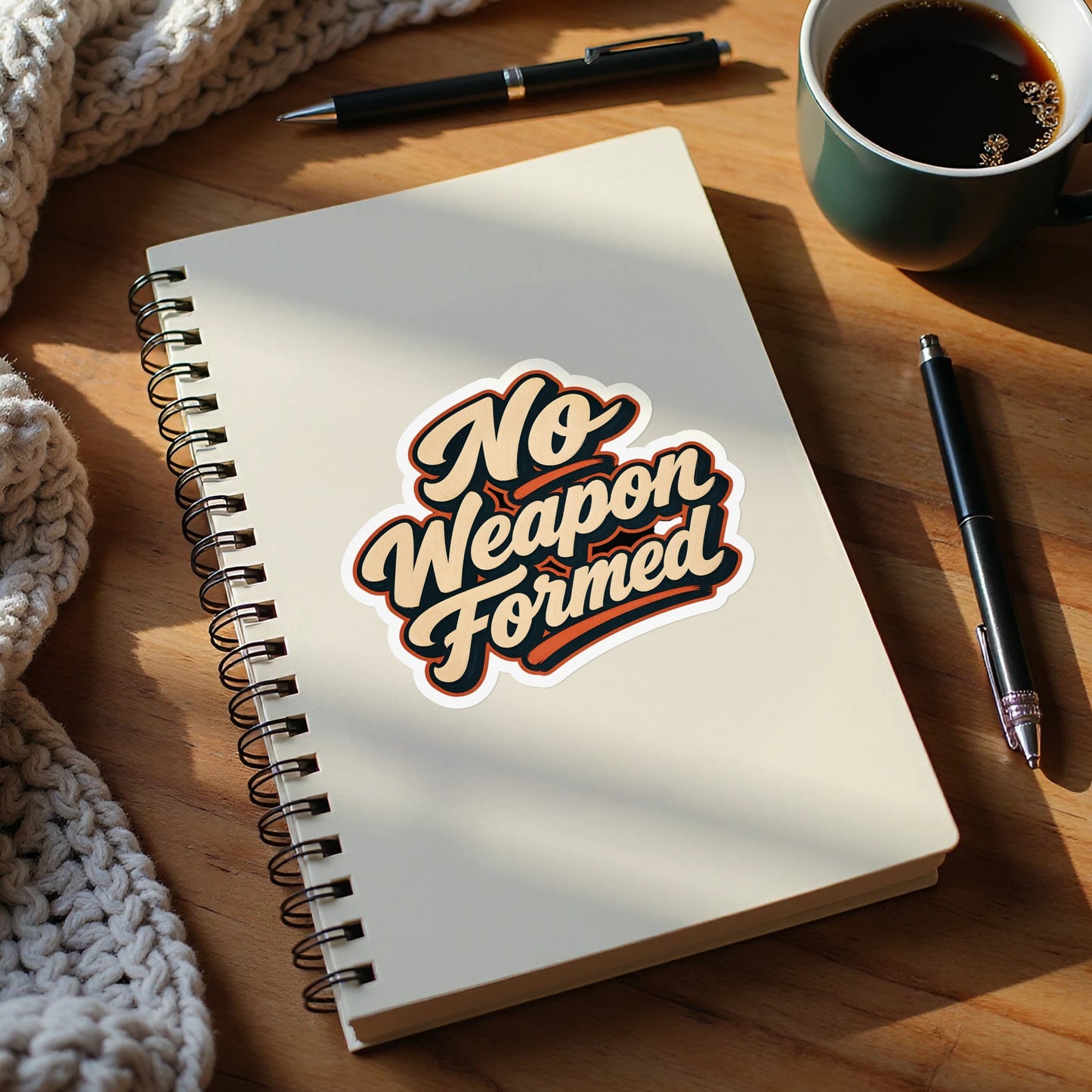 Sticker with text "No Weapon Formed" on a notebook.