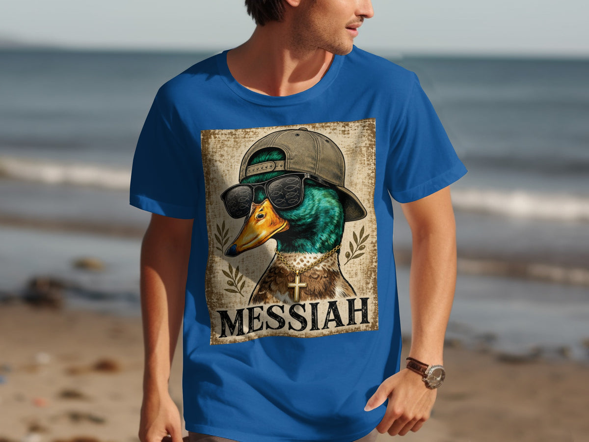Blue t-shirt with a distressed graphic of a duck wearing sunglasses, a hat, and a cross necklace.