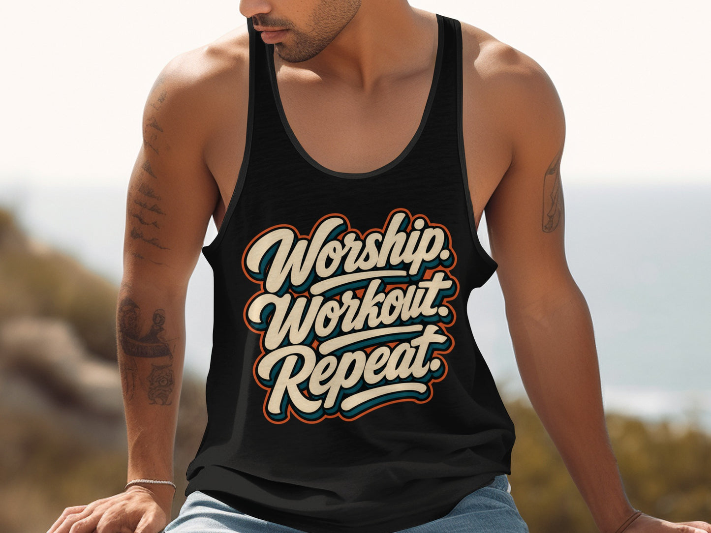 Black tank top with "Worship Workout Repeat" text in retro style font.