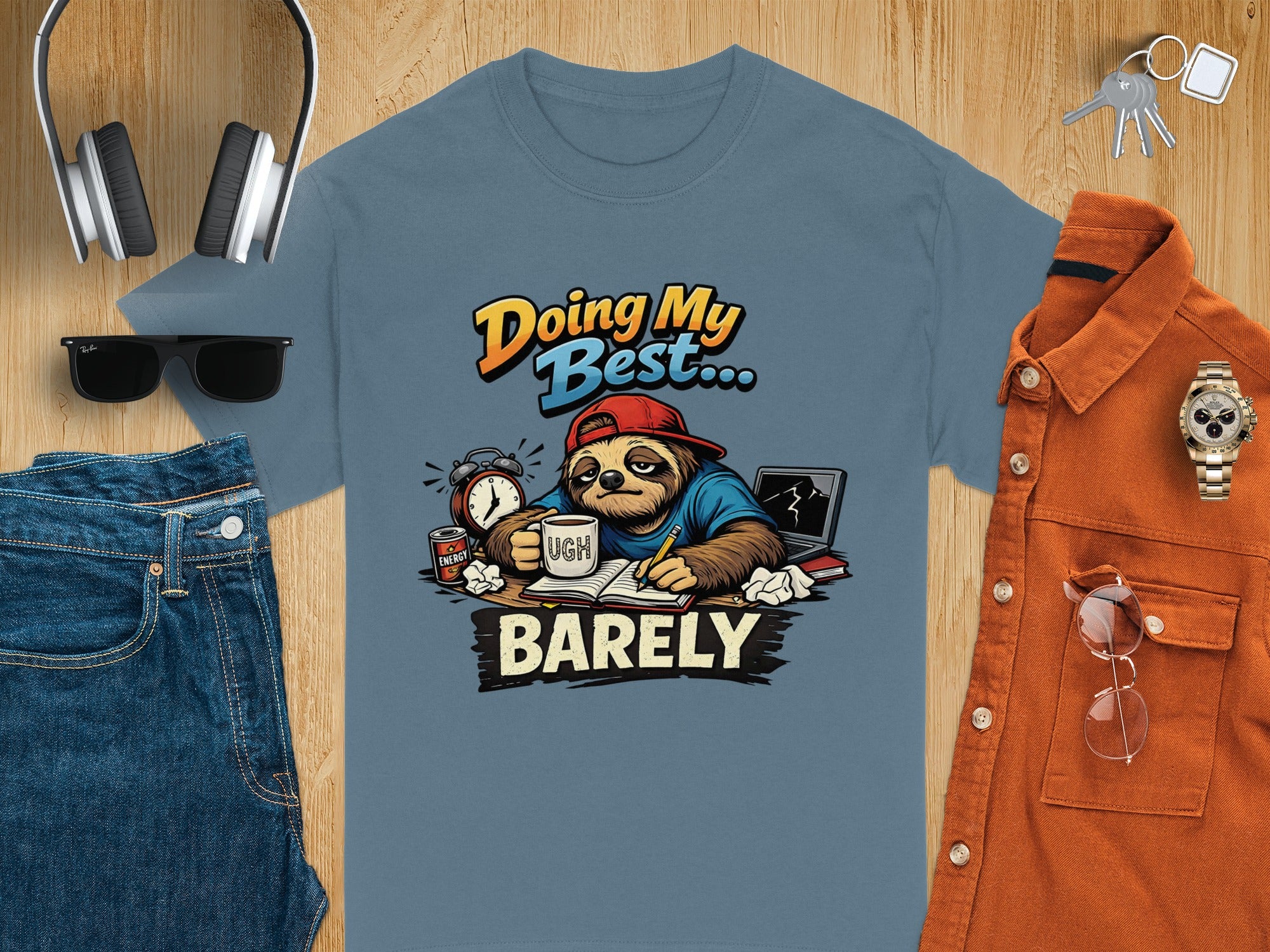 Sloth graphic t-shirt with text "Doing My Best... UGH BARELY".