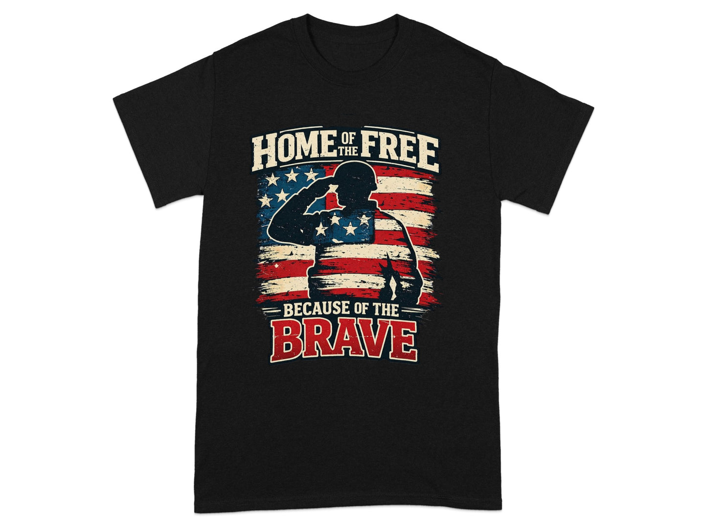 Black t-shirt with a distressed American flag and saluting soldier graphic.