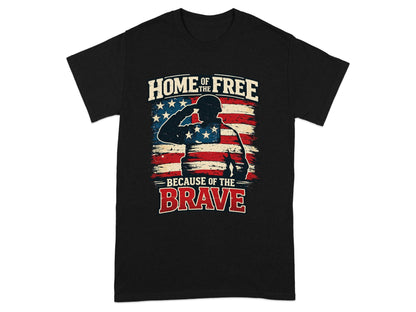 Black t-shirt with a distressed American flag and saluting soldier graphic.