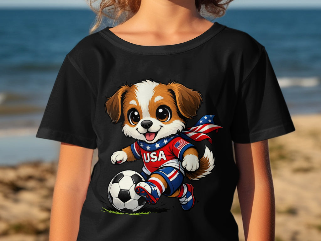 Cartoon puppy wearing USA soccer uniform kicking a ball