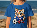 Cartoon dog wearing Japanese soccer uniform kicks a ball
