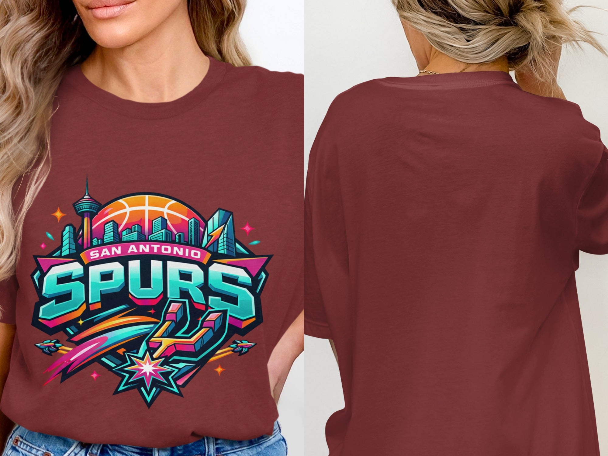 Maroon t-shirt with San Antonio Spurs graphic and city skyline and basketball.