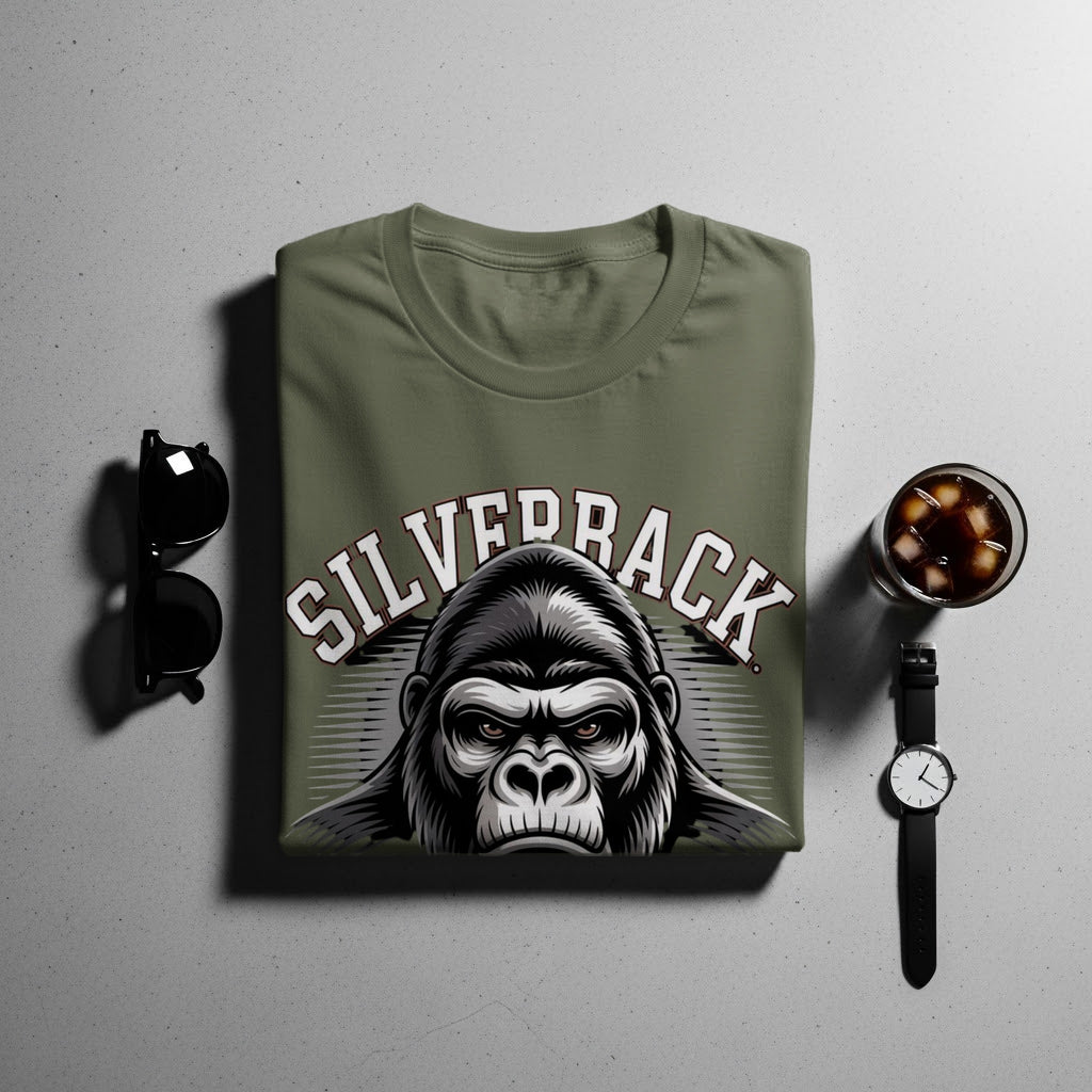 Olive t-shirt with a "Silverback" gorilla graphic and text.