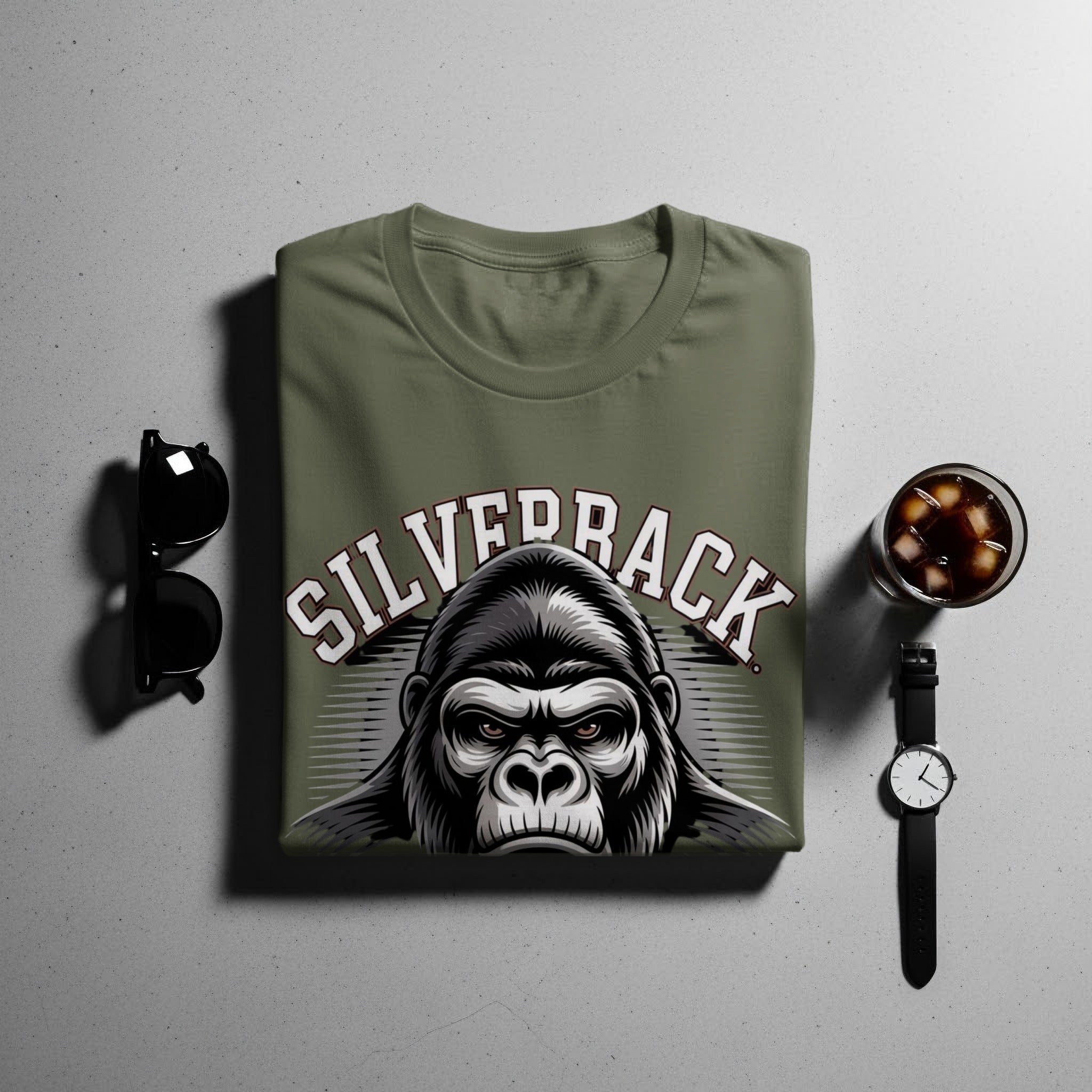 Olive t-shirt with a "Silverback" gorilla graphic and text.