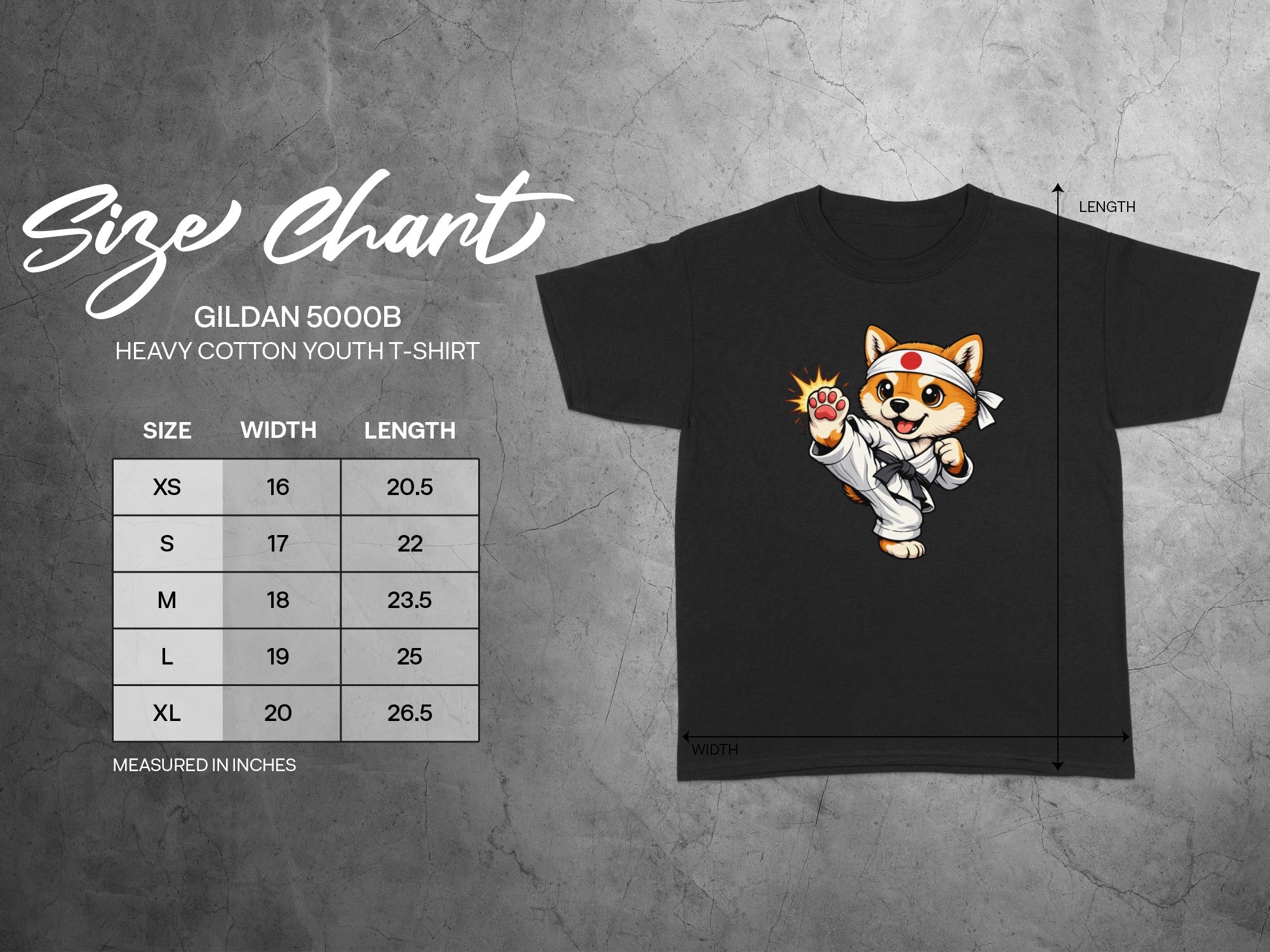 Gildan 5000b youth t-shirt size chart with corgi graphic.