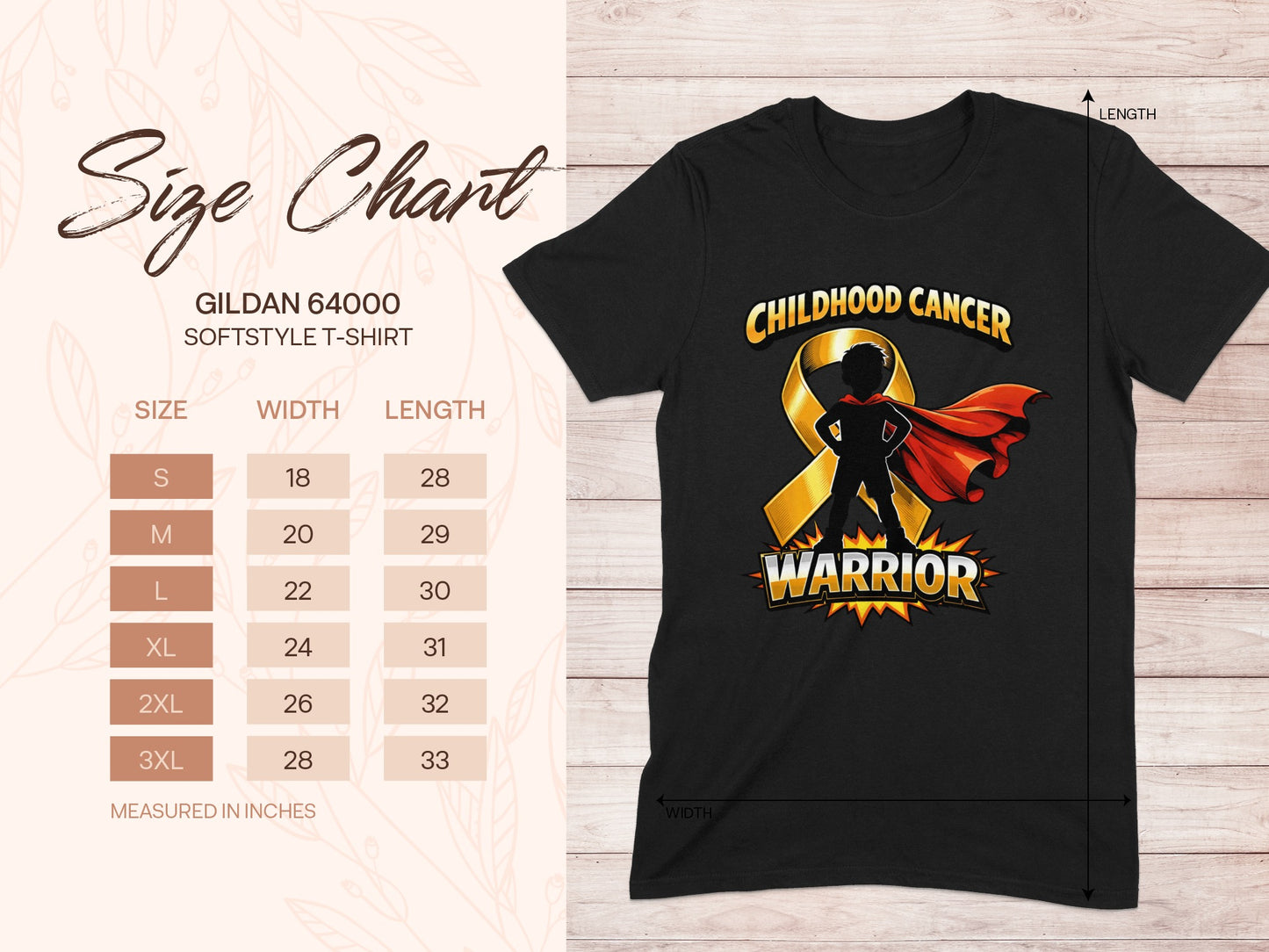 Size chart for Gildan 64000 Softstyle t-shirt with childhood cancer warrior graphic.