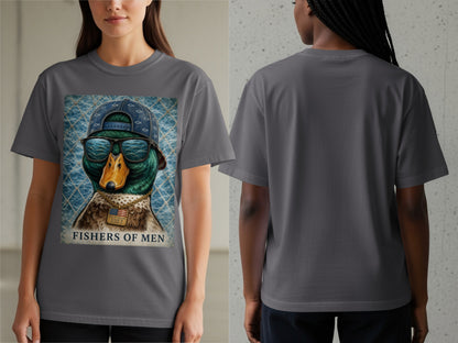 T-shirt graphic: duck wearing sunglasses and hat, with "Fishers of Men" text.