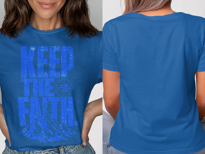Blue t-shirt with "Keep the Faith" and mountain graphic.