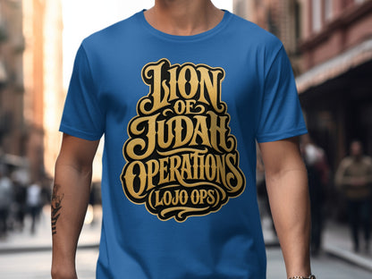 Blue t-shirt with gold lettering "Lion of Judah Operations (LOJO OPS)".