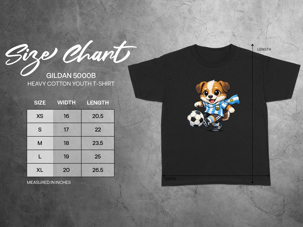 Size chart for Gildan 5000B youth t-shirt with dog graphic.