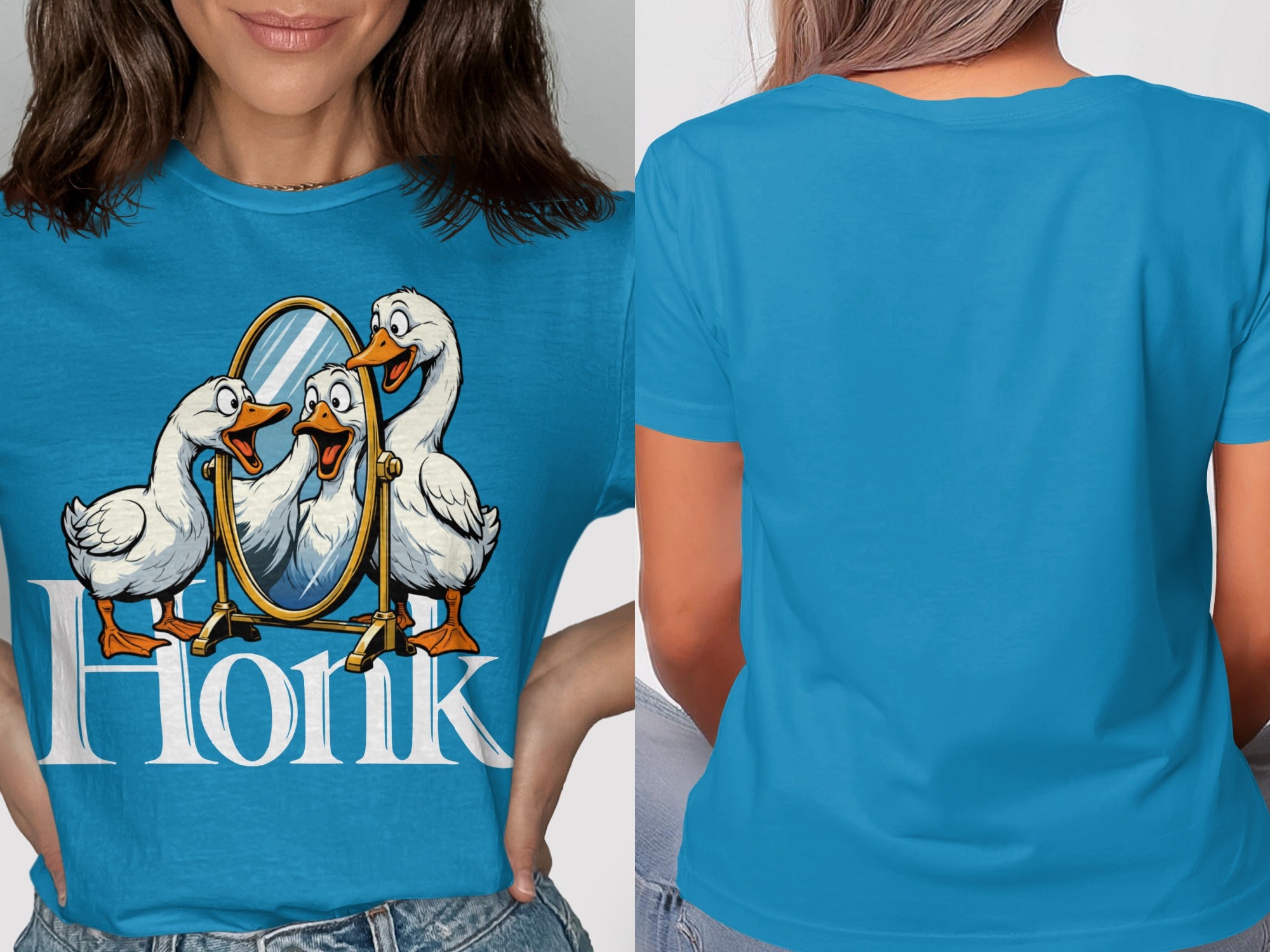 Three cartoon geese look in a mirror with "Honk" text below.