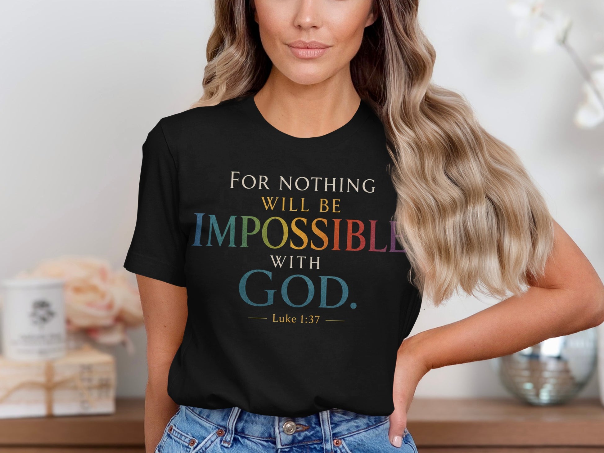 Black t-shirt with rainbow "IMPOSSIBLE" text, "For nothing will be impossible with God." - Luke 1:37