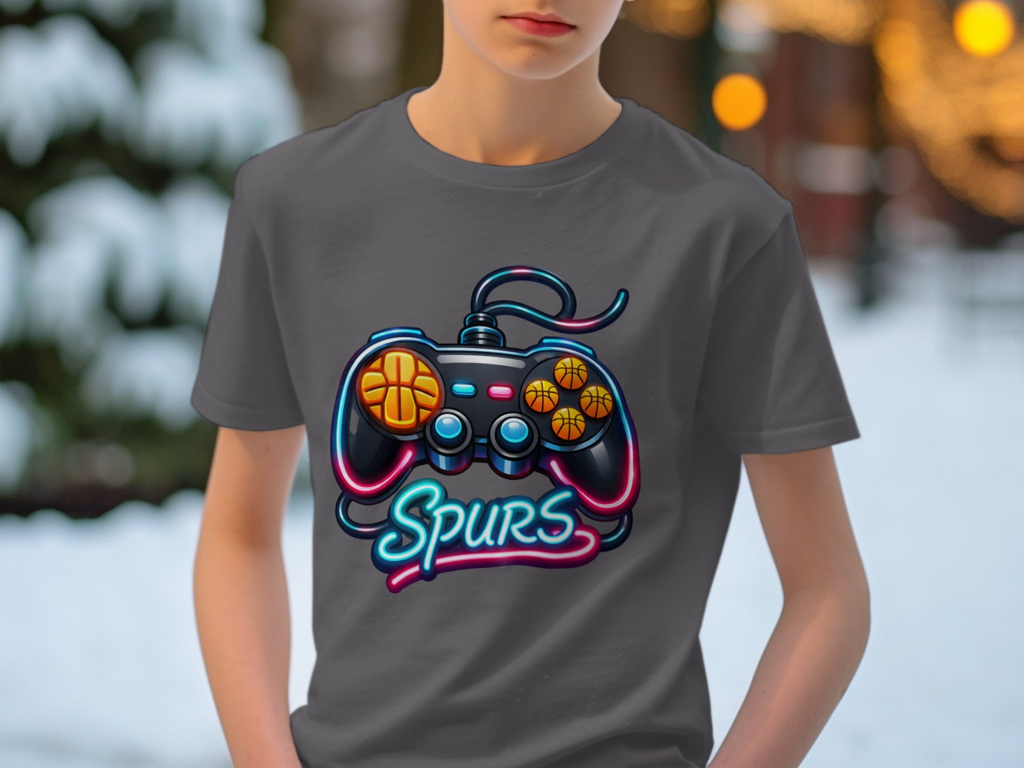 Neon game controller with basketball accents and "Spurs" text on a grey t-shirt.