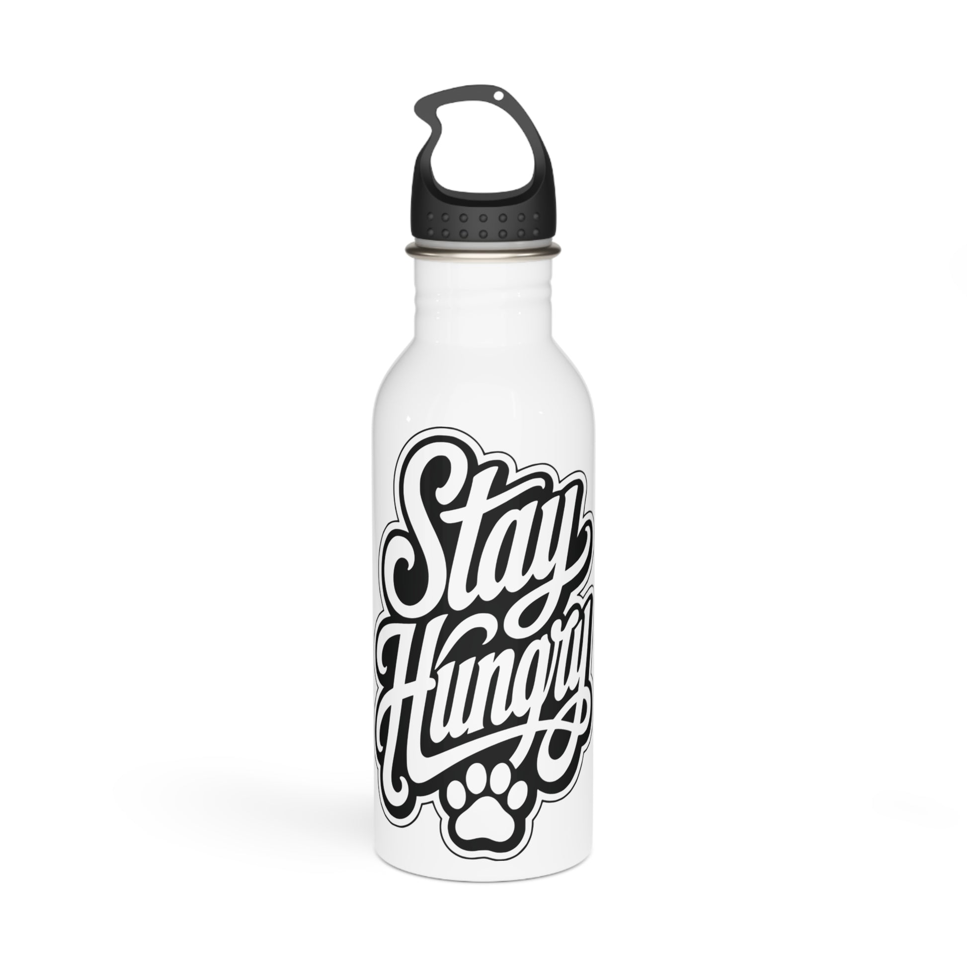 White water bottle with black "Stay Hungry" text and paw print.